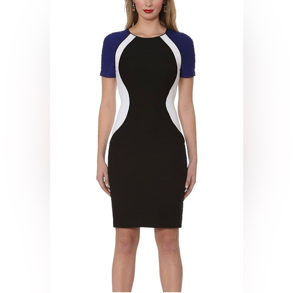 Antonio Melani Illusion Hourglass Sheath Dress | Black Blue White | Size 4 - Picture 1 of 7